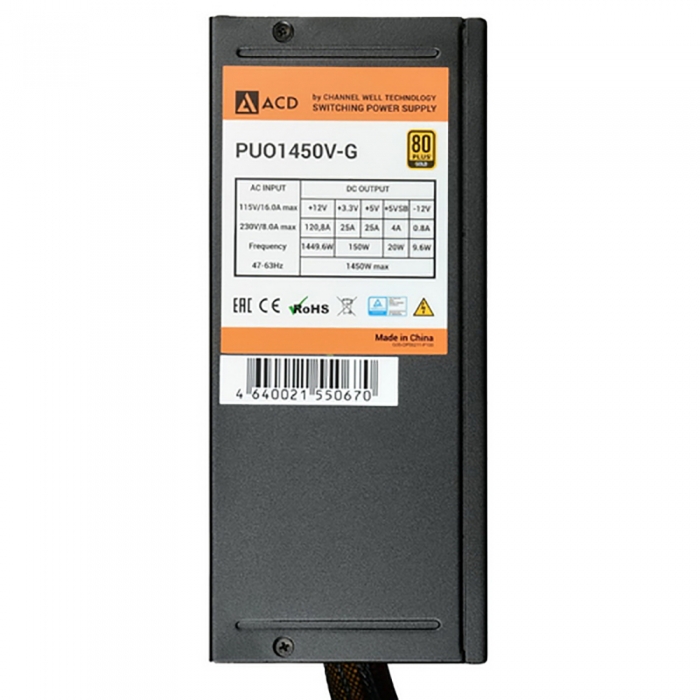 PUO1450V-G 1450W 80+ Gold, Modular, 20+4 PIN,CPU(4+4)PIN*1, CPU8PIN*1, PCI-E(6+2)P*10, HDD*3, FDD*1, SATA*12, RLT{2}